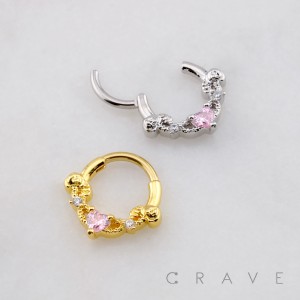 CZ HEART AND LEAF 316L SURGICAL STEEL SEPTUM HINGED SEGMENT RING